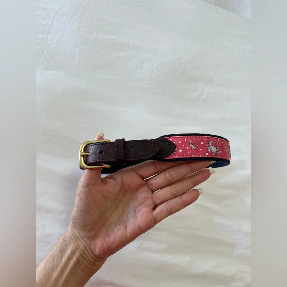 Vineyard Vines Youth Size 24 Blue Crab On Nantucket Red Canvas Belt-Brass Buckle